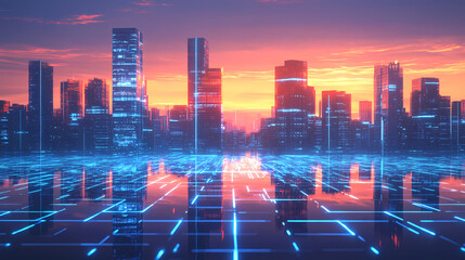 Fototapeta premium Digital cityscape with futuristic buildings