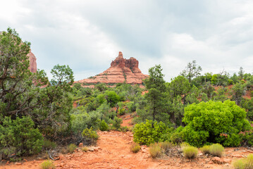 A scenic view of Bell Rock under a cloudy sky.