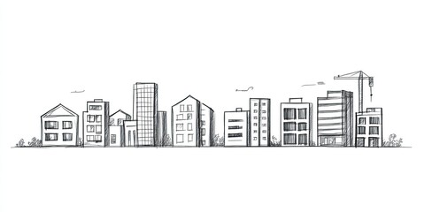 Obraz premium Hand-drawn sketch of a city skyline with buildings and a crane.