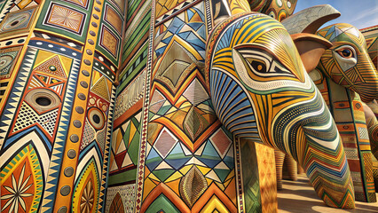 Obraz premium Colorful mural featuring elephant sculptures adorned with intricate african patterns and designs