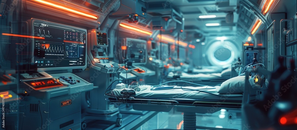 Wall mural futuristic sci fi interior of a spacecraft or spaceship cockpit featuring an advanced digital contro