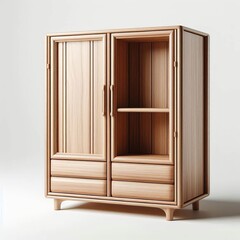 Wooden bookshelf with empty shelves sits in a minimalist home interior