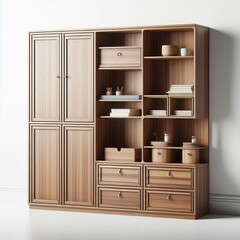 A brown wooden wardrobe with drawers and shelves stands closed in an empty room, featuring a simple design with handles and a smooth wood texture, blending into the home's interior architecture