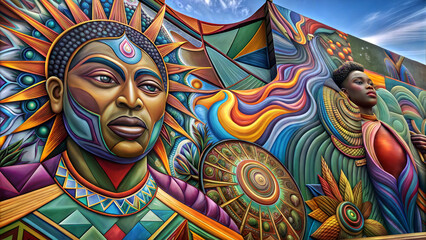 Striking mural with vibrant colored faces and intricate patterns celebrating African culture