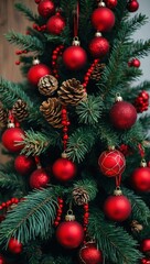 Christmas tree decorated with red ornaments and pinecones.