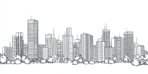 Fototapeta premium A hand-drawn sketch of a city skyline with tall buildings and trees.