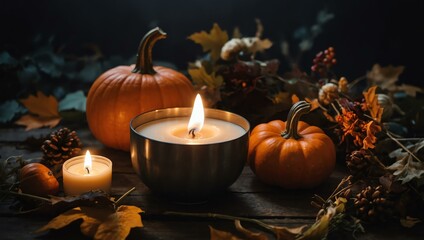 Cozy fall scene with candles and pumpkin