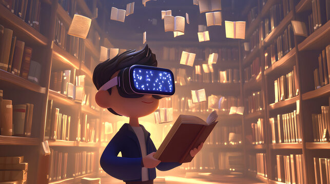 A creative 3D cartoon character with stylish VR glasses, exploring a magical library filled with floating, glowing books and animated scrolls, creating a sense of intellectual curiosity