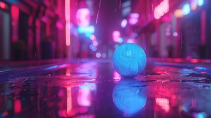 Lively bowling alley illuminated by vibrant neon lights and featuring a bold blue bowling ball