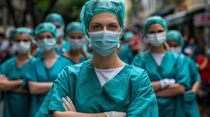 Healthcare professionals in scrubs and masks stand confidently together for patient care