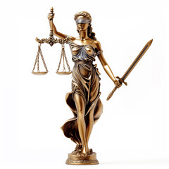 Symbol of law in full growth, Themis in one hand scales in the other sword on a white background 