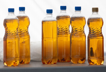 Beer in plastic bottles on the table