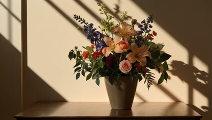 Flower arrangement on beige with shadows, close-up
