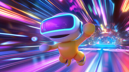 A playful 3D cartoon character with colorful VR glasses, participating in a lively virtual sports event with interactive digital arenas and dynamic motion effects, radiating excitement and energy