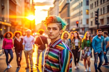 Obraz premium A young adult with a bold hairstyle and colorful clothing confidently stands out from the crowd in a