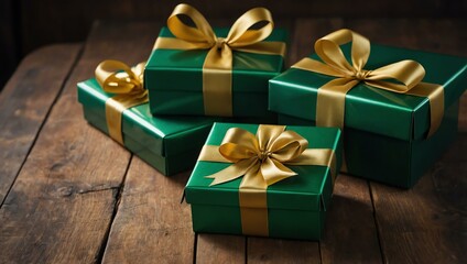 Green boxes with gold ribbons on a wooden table