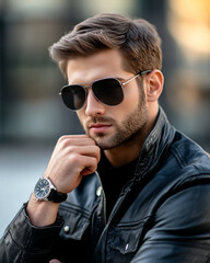 Obraz premium Close-up of a man wearing sleek aviator sunglasses and a luxury watch, bright outdoor lighting creating a polished and sophisticated look for 2025.