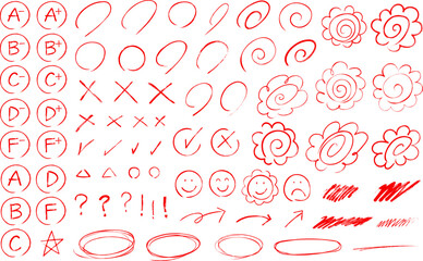 Hand-drawn Grading Symbols Vector Set with Circles, Crosses, Check Marks, Stars, and Alphabet Grades © wakuwaku