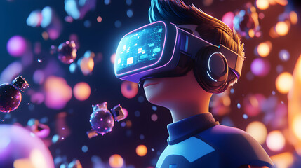 A detailed 3D cartoon figure with futuristic VR glasses, navigating through a dynamic virtual space with floating satellites and glowing cosmic phenomena, conveying a sense of exploration and