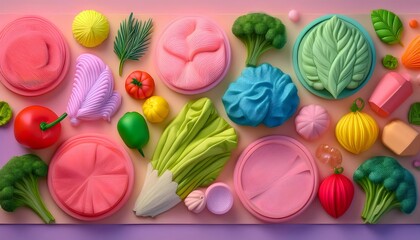 3D illustrations of meat, vegetables, bell peppers, tomatoes, onions, garlic and herbs in cute low polygon shapes in pastel colors.