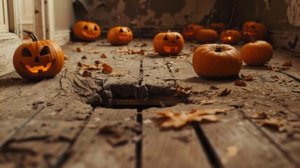 Dusty wooden floor filled with Halloween pumpkins and a glowing crack