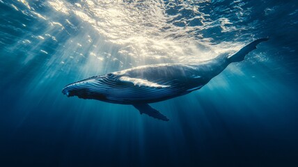 Fototapeta premium Humpback Whale Swimming Underwater with Sunbeams