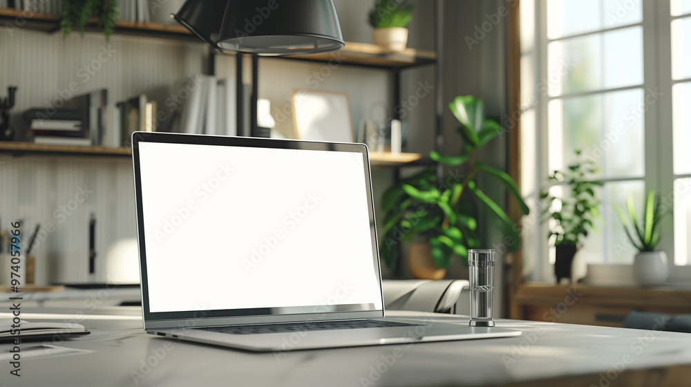 Poster laptop screen mockup placed on a desk, with a modern workspace setup in the background to showcase a