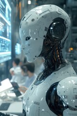 Fototapeta premium A futuristic humanoid robot with intricate details, set in a tech-focused environment.