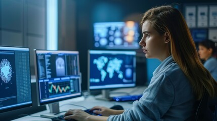 Modern it specialist analyzing cyber threats with holographic interface in a futuristic office