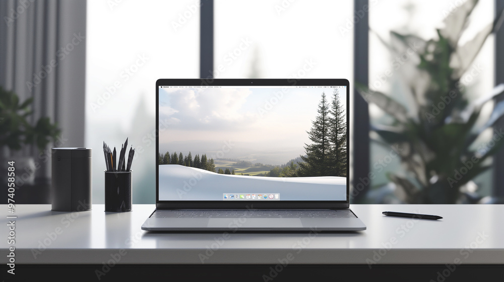 Poster laptop screen mockup placed on a desk, with a modern workspace setup in the background to showcase a