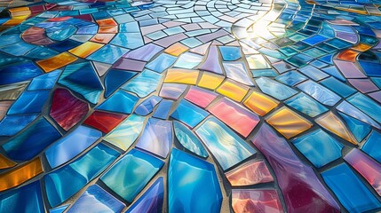 Fototapeta premium Tile floor featuring a vibrant blue abstract mosaic pattern.