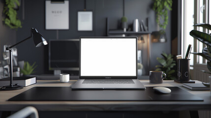 Laptop screen mockup placed on a desk, with a modern workspace setup in the background to showcase a responsive web design.