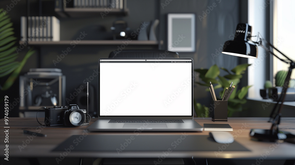 Poster laptop screen mockup placed on a desk, with a modern workspace setup in the background to showcase a