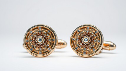 Elegant golden cufflinks with intricate design and sparkling details showcased against a minimalist background