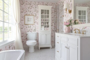 An elegant bathroom with wallpaper featuring pink and white floral patterns,