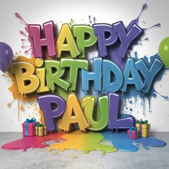 Happy birthday Paul poster, with colorful letters and balloons in various sizes scattered around, creating a festive and joyful atmosphere.