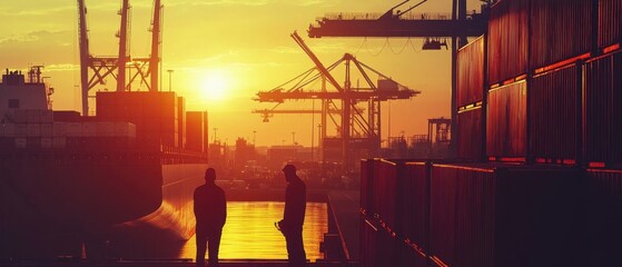 Workers managing cargo containers at a large international port with ships docked in the background vibrant logistics operation