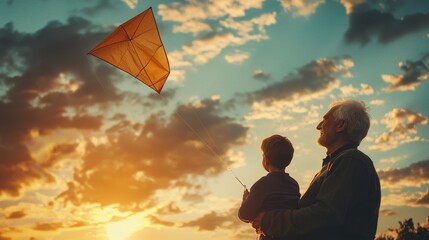 Grandfather and Grandson Flying a Kite at Sunset