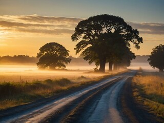 Quiet country road at dawn, bathed in golden light with mist rising