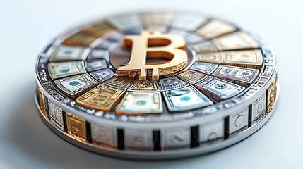 A Bitcoin gold coin is surrounded by U.S. dollar bills, a fusion of digital and traditional wealth.