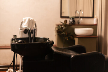 Chair hairdressing steam water for service spa hair care in luxe hair spa salon with warming atmosphere at spa centre.