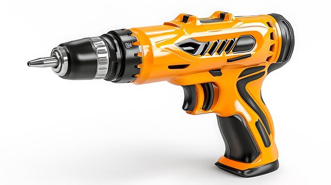 A cordless electric drill sits isolated, its sleek design promising power and precision.