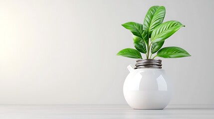 A green plant sprouts from coins in a white pot, symbolizing the growth of wealth and nature�s resilience.
