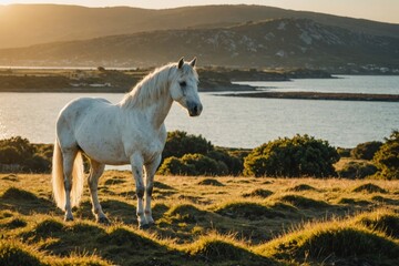 Obraz premium Single White Horse In Scrubby Field With Bay And Island In Background ,golden hour light