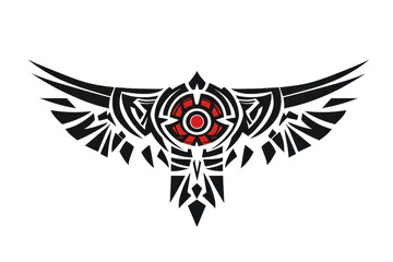 Intricate black and red tribal tattoo design. Symmetrical pattern with sharp edges and circular central element. Vector illustration.