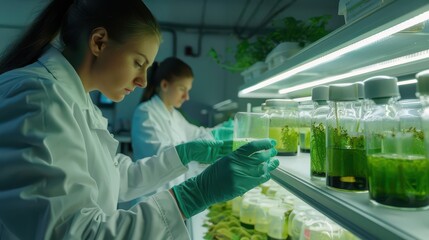 Algae biologists studying microalgae strains under controlled lab conditions