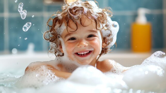 Happy Child Enjoying Bath Time with Bubbles