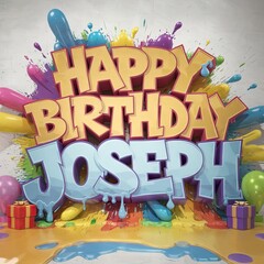 Happy birthday Joseph poster, with colorful letters and balloons in various sizes scattered around, creating a festive and joyful atmosphere.
