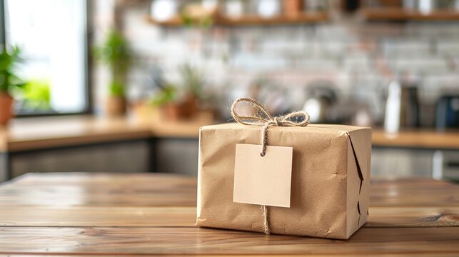 A simple cardboard package bound with twine, awaiting attention on the table surface