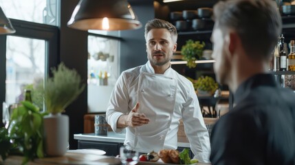 Chef discussing menu innovation with potential investors in a sleek urban restaurant